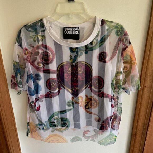 VERSACE JEANS COUTURE Black/White Racerback Tulle Baroque Jewels Overlay Top S - Picture 4 of 17